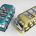 Two Open Top Buses Blue And Gold With Comfortable Interior Seats 3d model