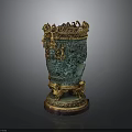 Green Decorative Vase With Elaborate Golden Accents And Intricate Carvings On Ornate Base