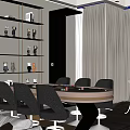 Elegant Hotel Mahjong Room with Round Table Comfortable Chairs Crystal Chandelier Decorative Shelves Cozy Sofa