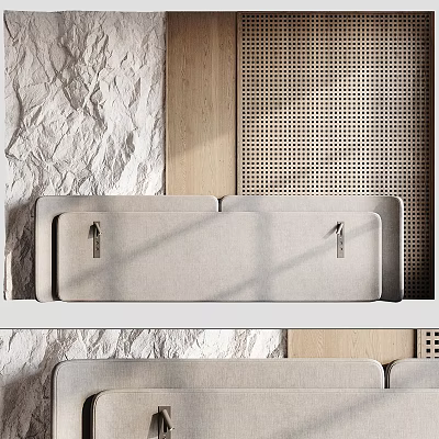 Elegant Modern Bedroom Accent Wall With Textured Stone And Wooden Perforated Panels 3d model