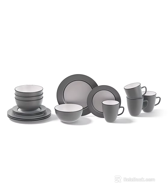 Modern Gray Dinnerware Set With Plates Bowls Mugs And Minimalist Design 3d model