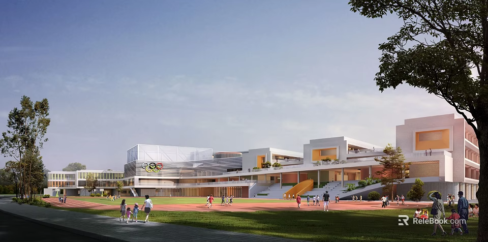 Modern School Building Exterior With Track Playground Green Lawn And Students Activity 3d model 