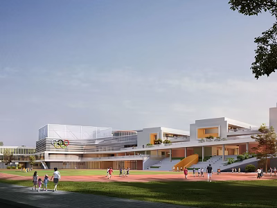 Modern School Building Exterior With Track Playground Green Lawn And Students Activity 3d model