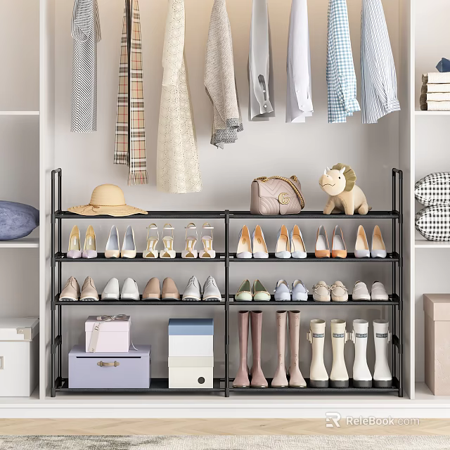 Multilayer Shoe Cabinet Organizing Shoes Hat Handbag And Stuffed Animal With Hanging Clothes 3d model 