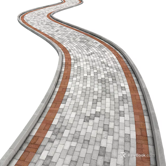 Curved Roadway Paved Path With Gray White Square Bricks And Red Edge Curbs 3d model 