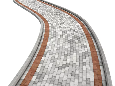 Curved Roadway Paved Path With Gray White Square Bricks And Red Edge Curbs 3d model