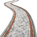 Curved Roadway Paved Path With Gray White Square Bricks And Red Edge Curbs