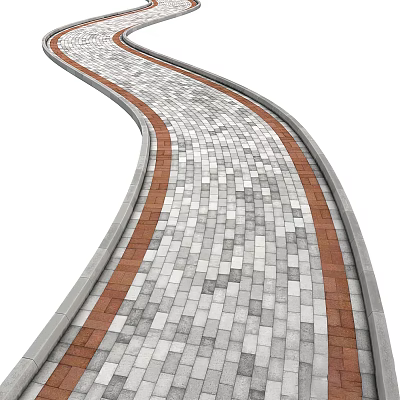 Curved Roadway Paved Path With Gray White Square Bricks And Red Edge Curbs 3d model