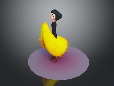 Woman With Short Black Hair In Black Top On Yellow Fluffy Object Purple Circular Platform 3d model