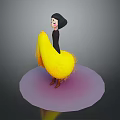Woman With Short Black Hair In Black Top On Yellow Fluffy Object Purple Circular Platform