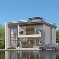 Modern Two Story Detached Villa With Large Windows Spacious Driveway And Green Trees