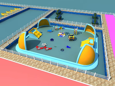 Garden Landscape Featuring Children's Playground With Slides Fencing And Blue Ground 3d model