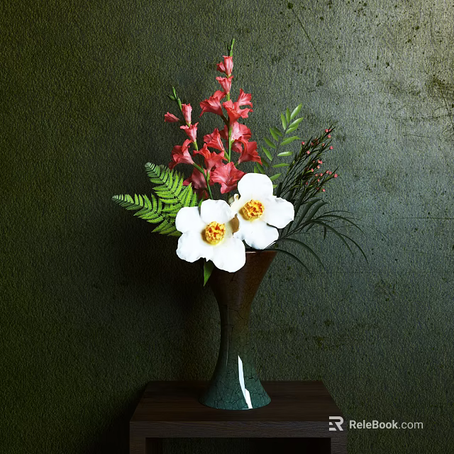 Red Gladiolus White Blooms Green Fern Leaves in Dark Vase on Wooden Table Decorative Arrangement 3d model 