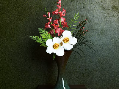 Red Gladiolus White Blooms Green Fern Leaves in Dark Vase on Wooden Table Decorative Arrangement 3d model