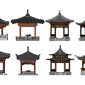 Traditional Chinese Pavilions Various Architectural Styles With Decorative Roofs And Wooden Structures