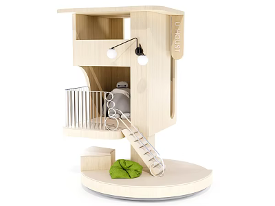 Wooden Cat House Multi Level Design With Staircase Platform And Green Cushion 3d model