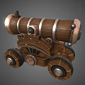 Medieval Antique Cannon Design With Wooden Barrel Brass Trim And Iron Wheels
