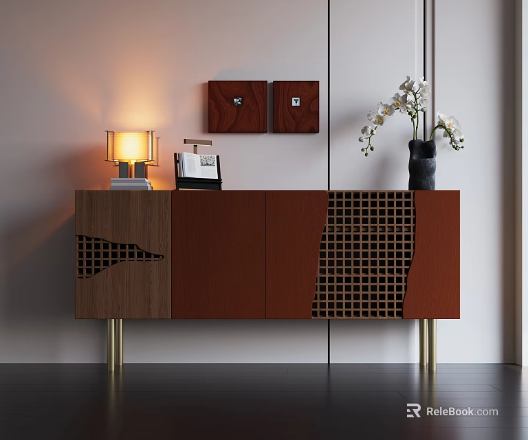 Brown Wooden Entryway Cabinet Sideboard With Grid Pattern Gold Legs Table Lamp And White Flower Vase 3d model 