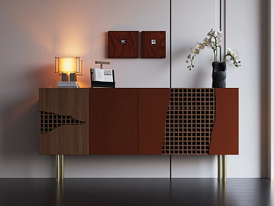 Brown Wooden Entryway Cabinet Sideboard With Grid Pattern Gold Legs Table Lamp And White Flower Vase 3d model