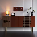 Brown Wooden Entryway Cabinet Sideboard With Grid Pattern Gold Legs Table Lamp And White Flower Vase