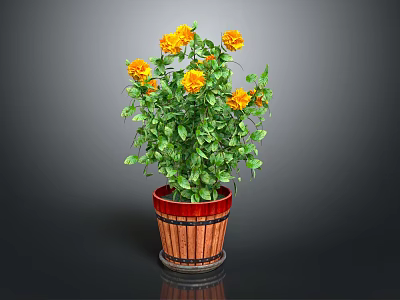 Potted Plant With Yellow Flowers And Green Leaves In Red Brown Barrel Planter 3d model