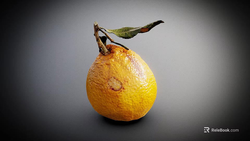 Yellow Orange with Green Leaf and Surface Spots and Blemishes on Gray Background 3d model 