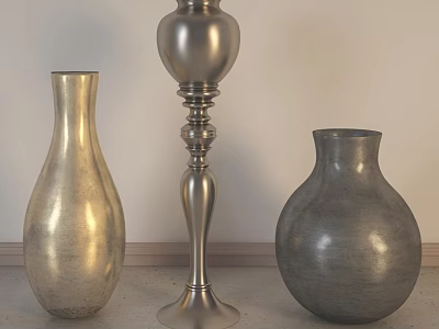 Decorative Ornament Set With Gold Slender Silver Pedestal And Gray Round Vases For Home Decor 3d model