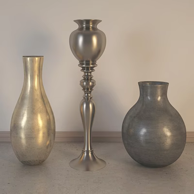 Decorative Ornament Set With Gold Slender Silver Pedestal And Gray Round Vases For Home Decor 3d model