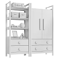 Minimalist Light Wood Frame White Wardrobe With Open Shelves And Large Capacity Storage Drawers
