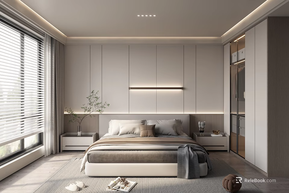 Elegant Modern Bedroom Interior With White Wardrobes Bed Bedside Tables Plant Blinds And Rug 3d model 