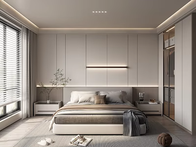 Elegant Modern Bedroom Interior With White Wardrobes Bed Bedside Tables Plant Blinds And Rug 3d model
