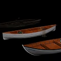 Three Vintage Wooden Boats with Natural Wood Hulls and Rowing Oars