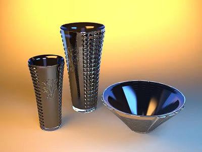Three Different Shaped Black Ceramic Vessels With Intricate Cutout Patterns On Gradient Yellow Orange Background 3d model