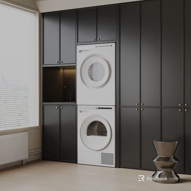 Laundry Room Interior With Black Cabinets Built-in White Washing Machine And Dryer And Window Blinds 3d model 