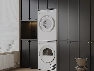 Laundry Room Interior With Black Cabinets Built-in White Washing Machine And Dryer And Window Blinds 3d model