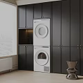 Laundry Room Interior With Black Cabinets Built-in White Washing Machine And Dryer And Window Blinds