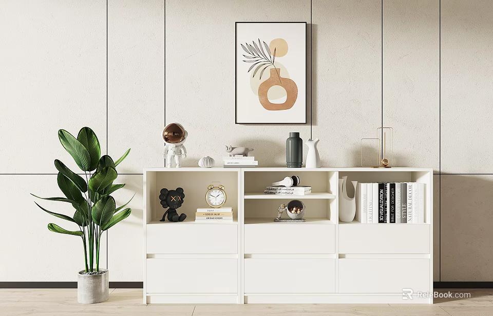 Stylish White Cabinet with Black Bear Figurine Clock Books and Green Plant Near Wall Painting 3d model 
