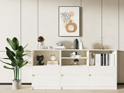 Stylish White Cabinet with Black Bear Figurine Clock Books and Green Plant Near Wall Painting 3d model