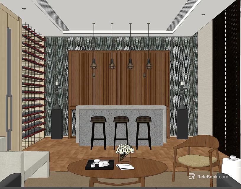 Elegant Wine Cellar Interior With Wooden Wine Racks Bar Counter Stools And Pendant Lights 3d model 