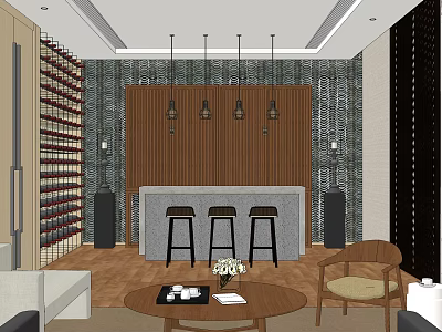 Elegant Wine Cellar Interior With Wooden Wine Racks Bar Counter Stools And Pendant Lights 3d model