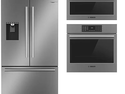 Bosch Stainless Steel Kitchen Appliances Featuring Refrigerator Microwave And Oven For Modern Kitchens 3d model