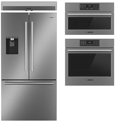 Bosch Stainless Steel Kitchen Appliances Featuring Refrigerator Microwave And Oven For Modern Kitchens 3d model