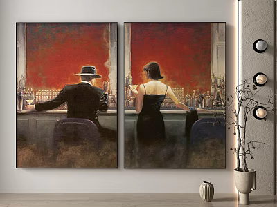 Two Panel Figure Painting With Man Woman Backs Red Background Bar Counter Wine Glasses 3d model