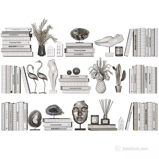 Decorative Ornament Set With Stacked Books Plants Flamingo Figurines Shells And Sculptures 3d model 