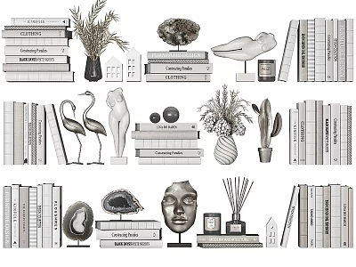 Decorative Ornament Set With Stacked Books Plants Flamingo Figurines Shells And Sculptures 3d model