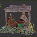 Traditional Handcraft Workshop With Brick Stove Burning Coals Wooden Barrels And Stone Mill