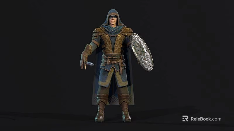 A Man Wearing Medieval Armored Suit With Cloak Shield And Sword 3d model 
