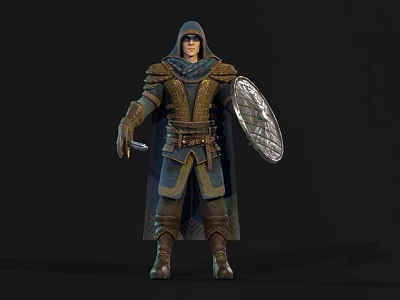 A Man Wearing Medieval Armored Suit With Cloak Shield And Sword 3d model