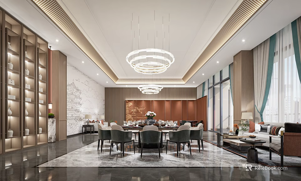 Luxury Private Dining Box With Modern Interior Design Round Table Chandelier And Sofa Seating 3d model