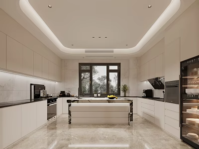 Modern Spacious Kitchen Interior With Light Cabinets Island And Glass Door Refrigerator 3d model